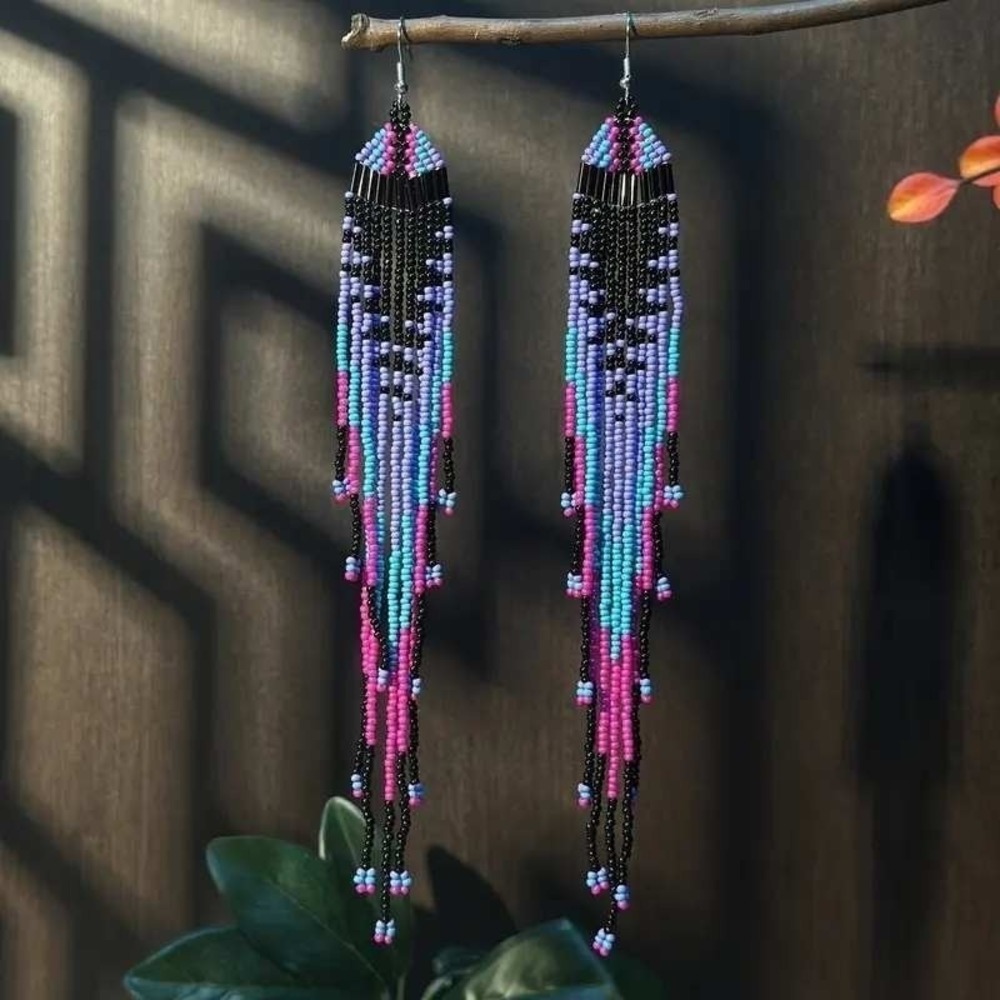 Handcrafted Pink, Purple & Turquoise Beaded Fringe Earrings NWOT NEVER WORN